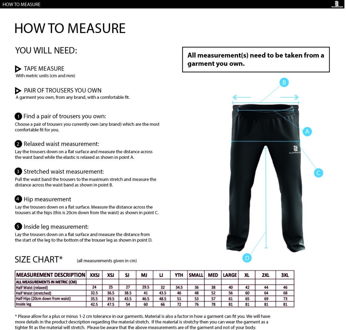 Ashbourne CC Dual Poplin Track Pant : Black - Size Guide