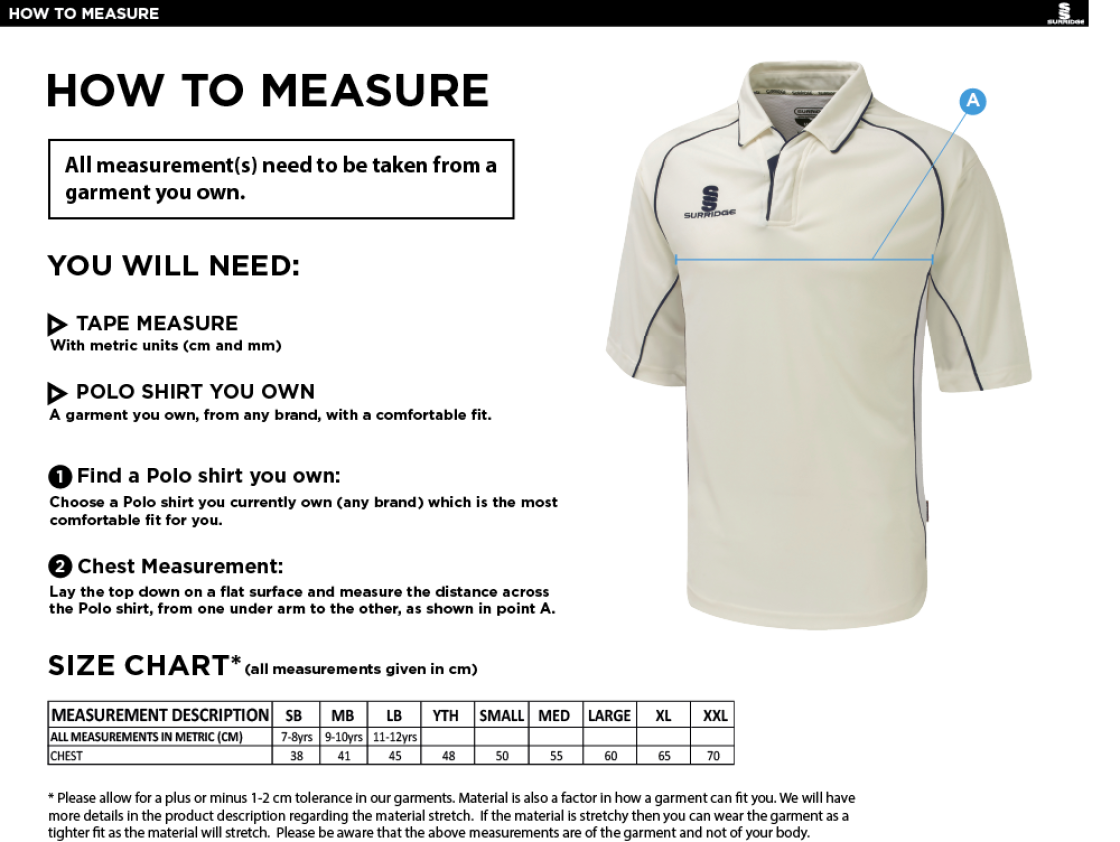 Ashbourne CC Premier 3/4 Sleeve Green Trim Shirt - Size Guide