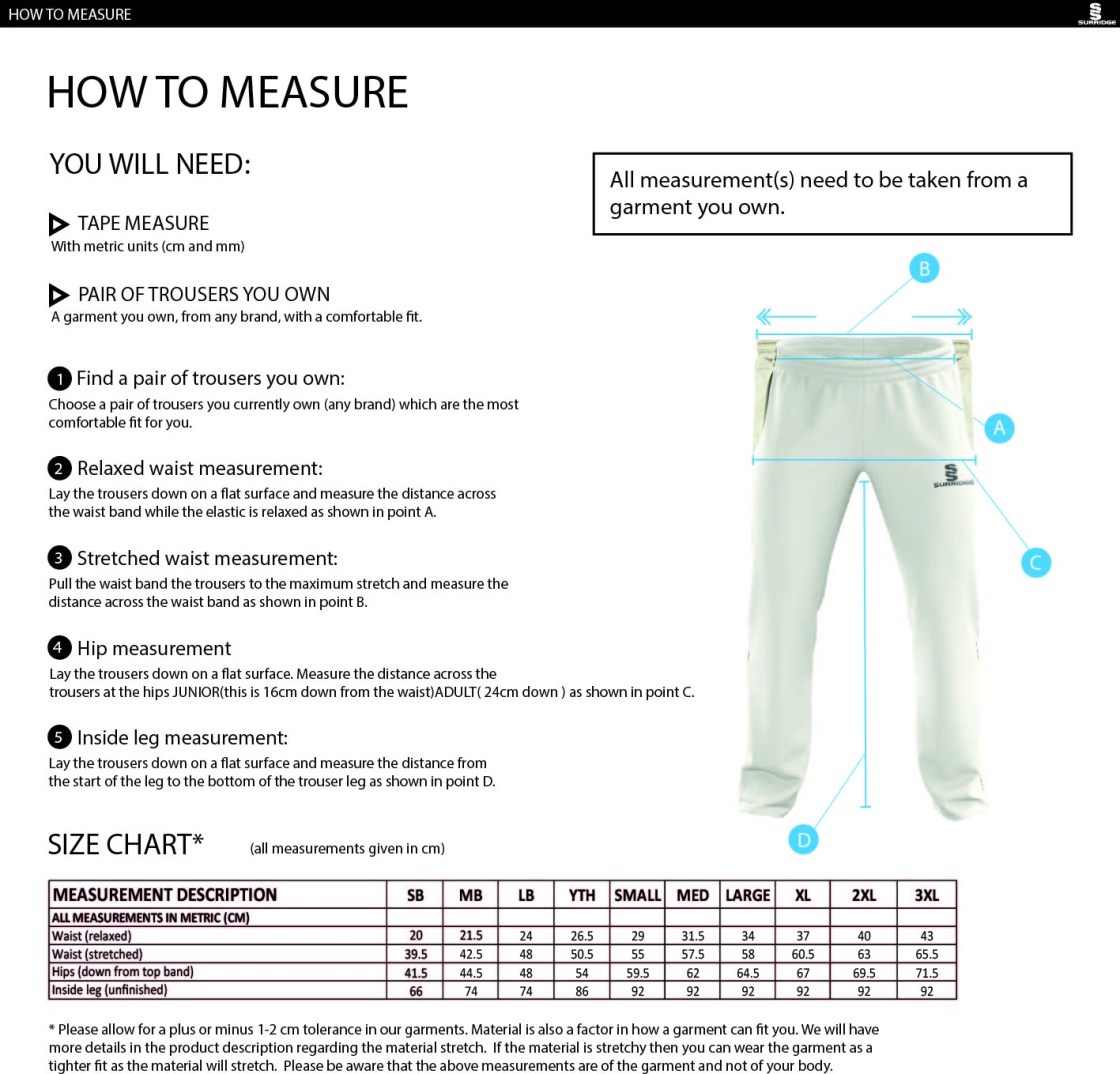 Ashbourne CC Standard Playing Pant - Size Guide