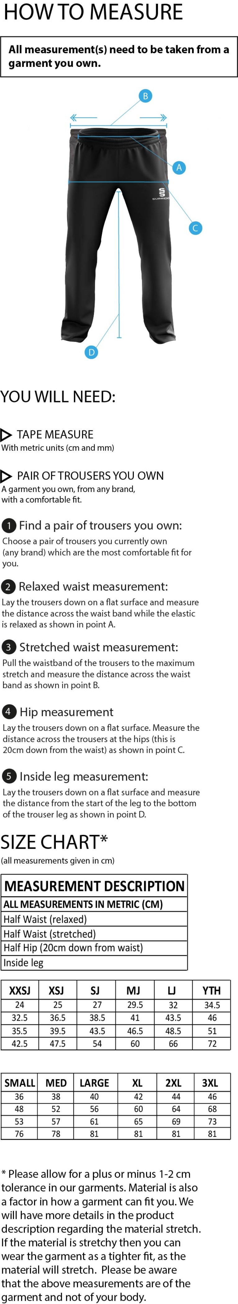 Ashbourne CC Dual Poplin Track Pant : Black - Size Guide