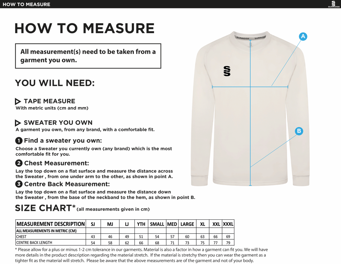 Ashbourne CC Blast Long Sleeve Cricket Sweater - Size Guide