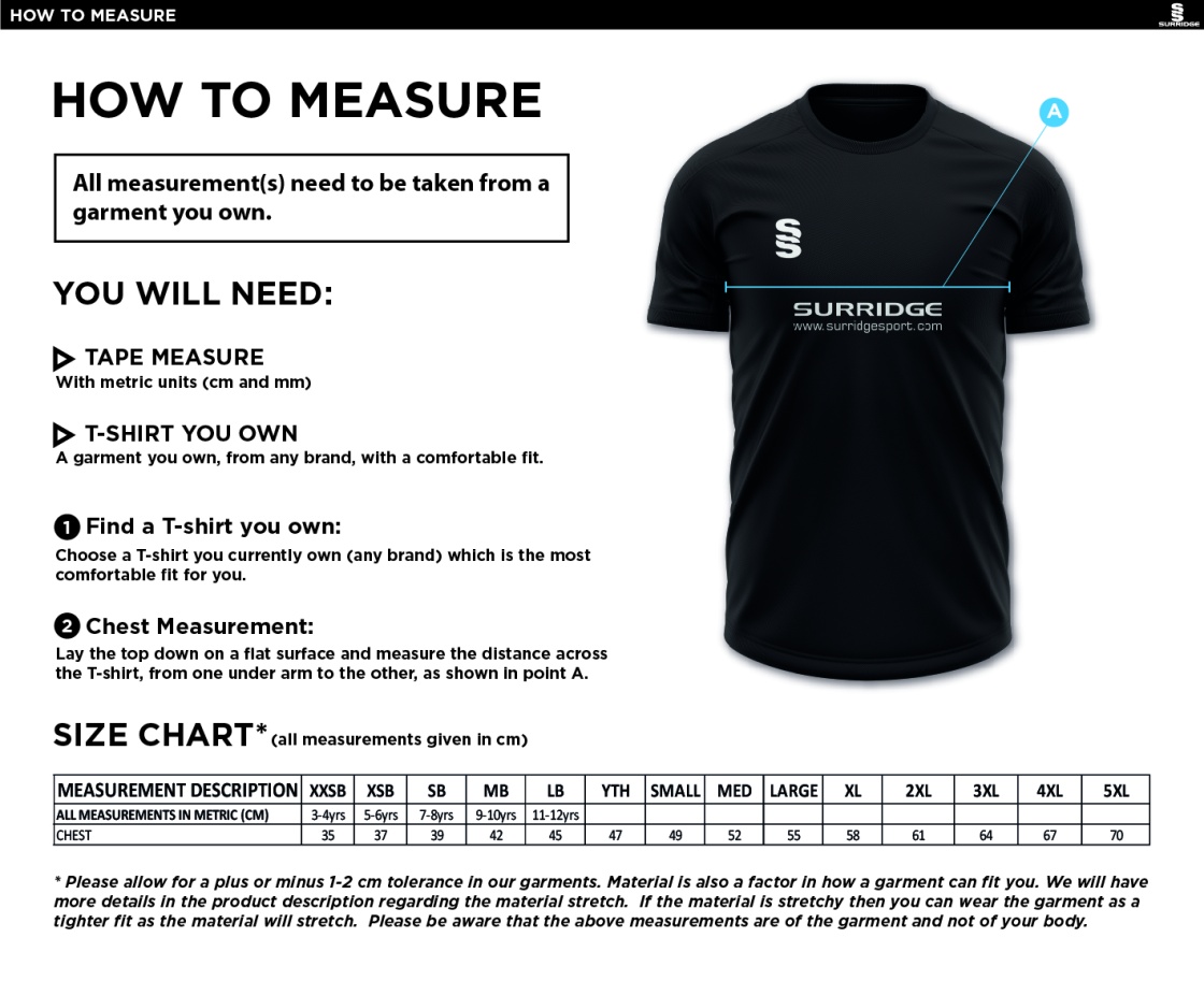 Ashbourne CC Blade Training Shirt : Bottle / Navy / Amber - Size Guide