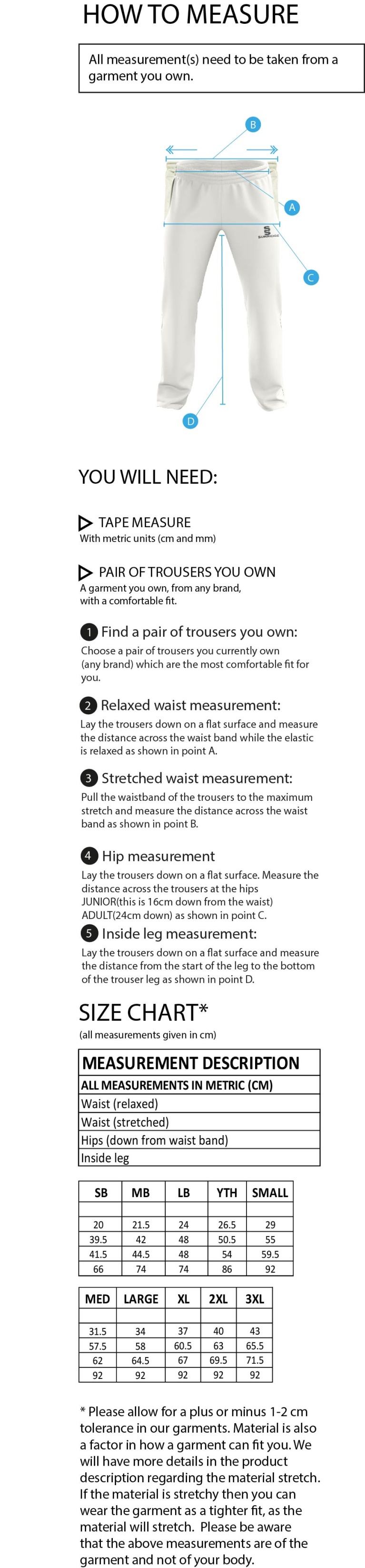 Ashbourne CC Standard Playing Pant - Size Guide