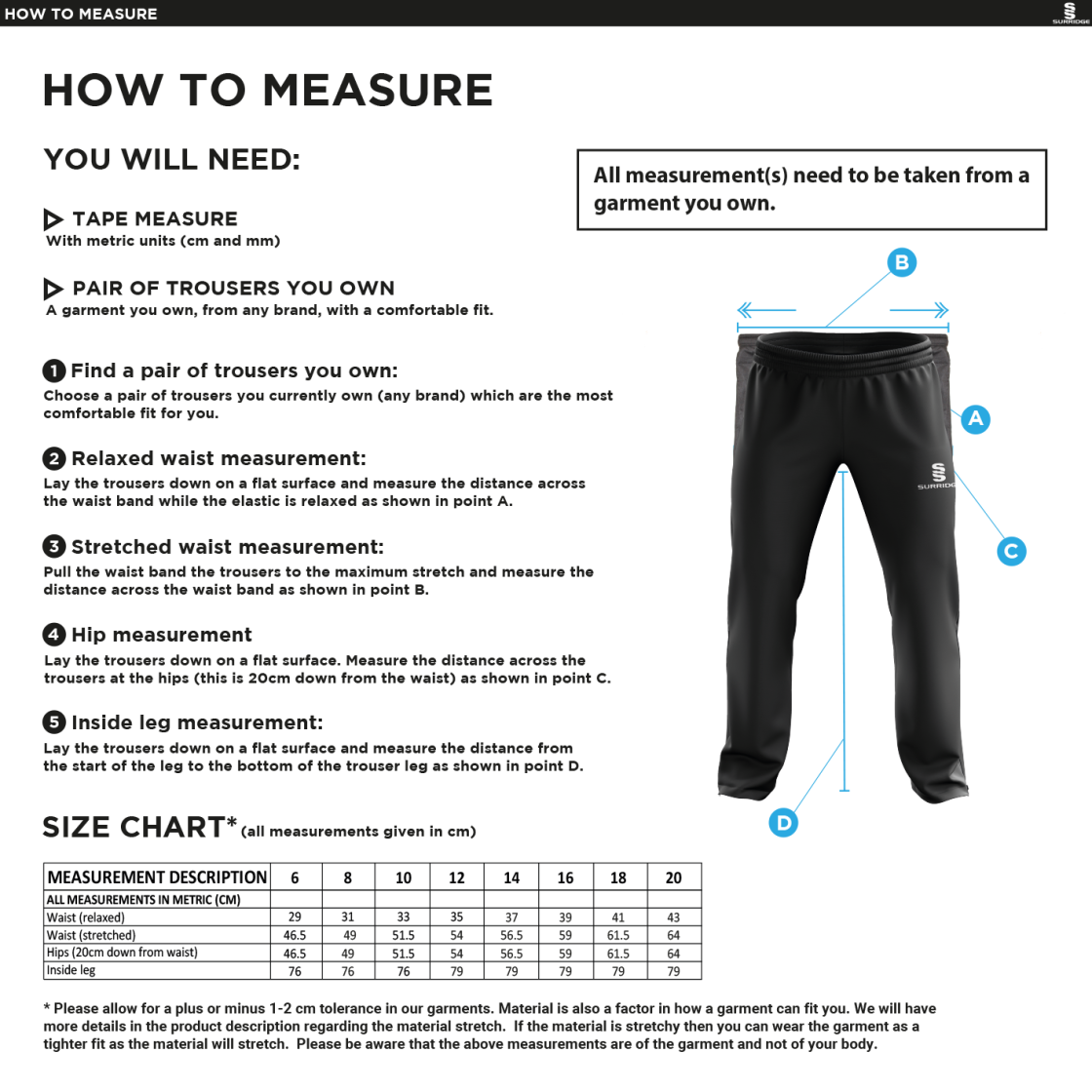 Ashbourne CC Women's Poplin Track Pant : Black - Size Guide