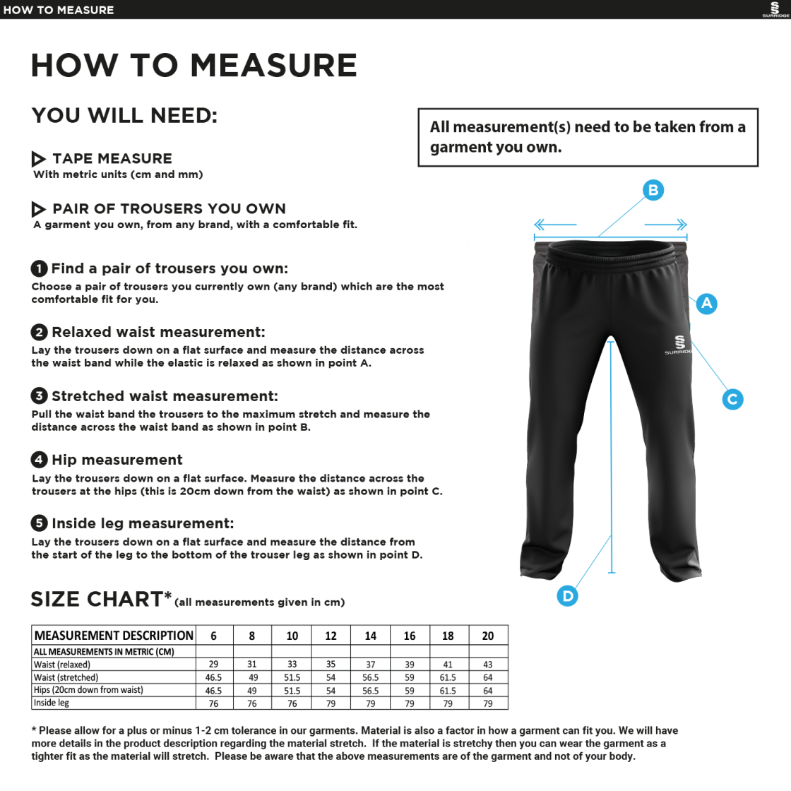Ashbourne CC Women's Dual Poplin Track Pant : Black - Size Guide