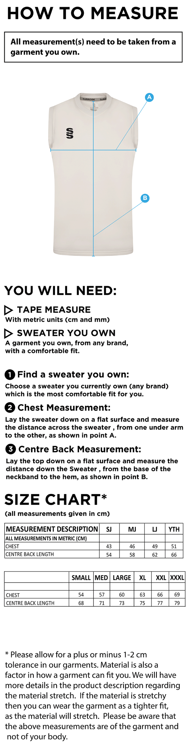 Ashbourne CC Blast Sleeveless Cricket Sweater - Size Guide