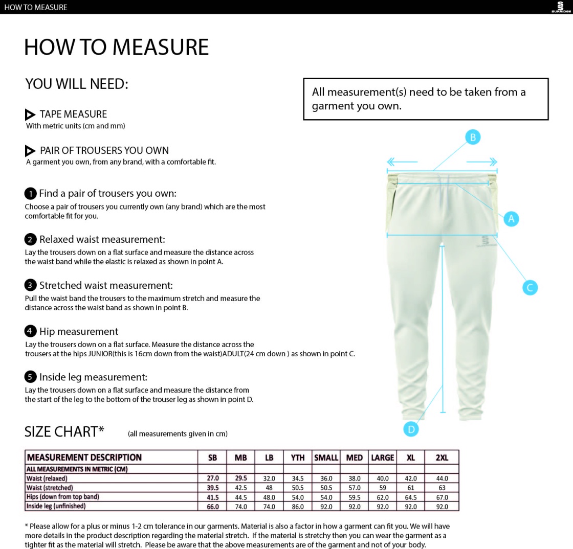 Ashbourne CC Tek Playing Pant - Size Guide