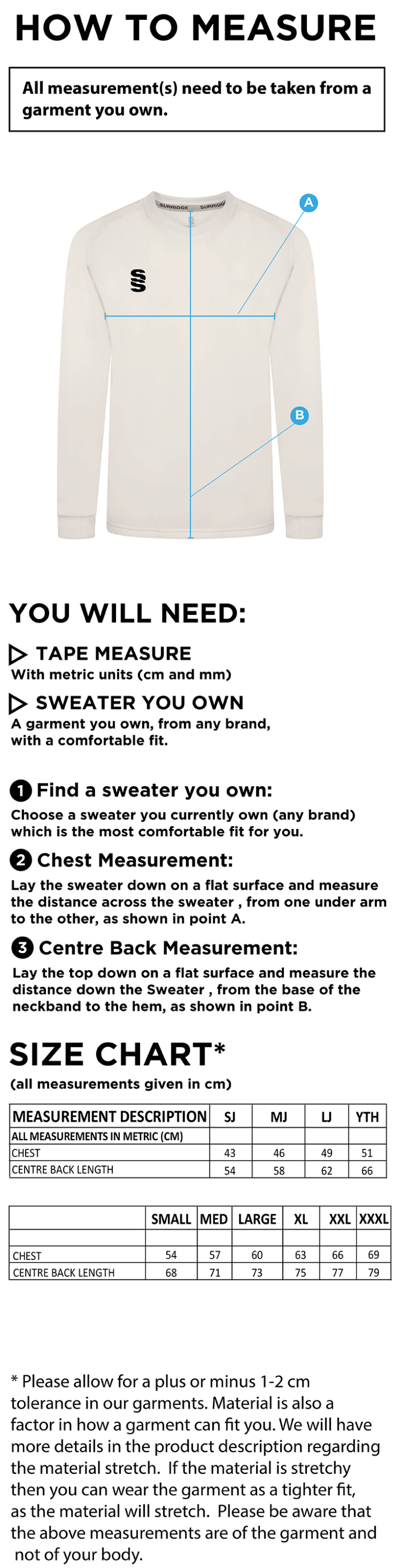 Ashbourne CC Blast Long Sleeve Cricket Sweater - Size Guide