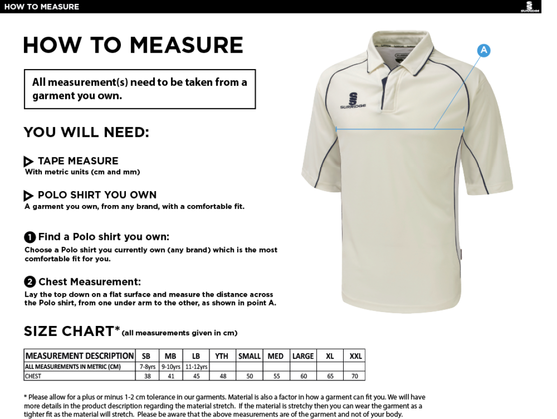 Ashbourne CC Premier 3/4 Sleeve Green Trim Shirt - Size Guide