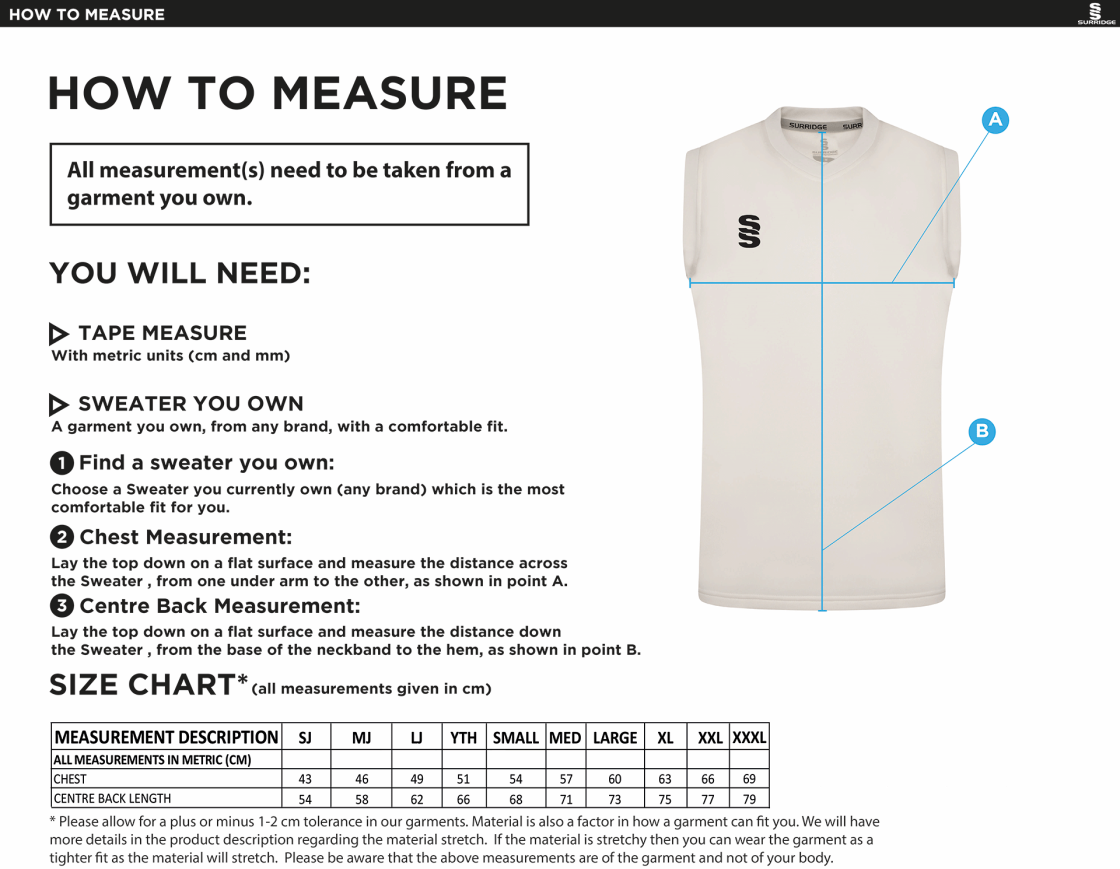 Ashbourne CC Blast Sleeveless Cricket Sweater - Size Guide