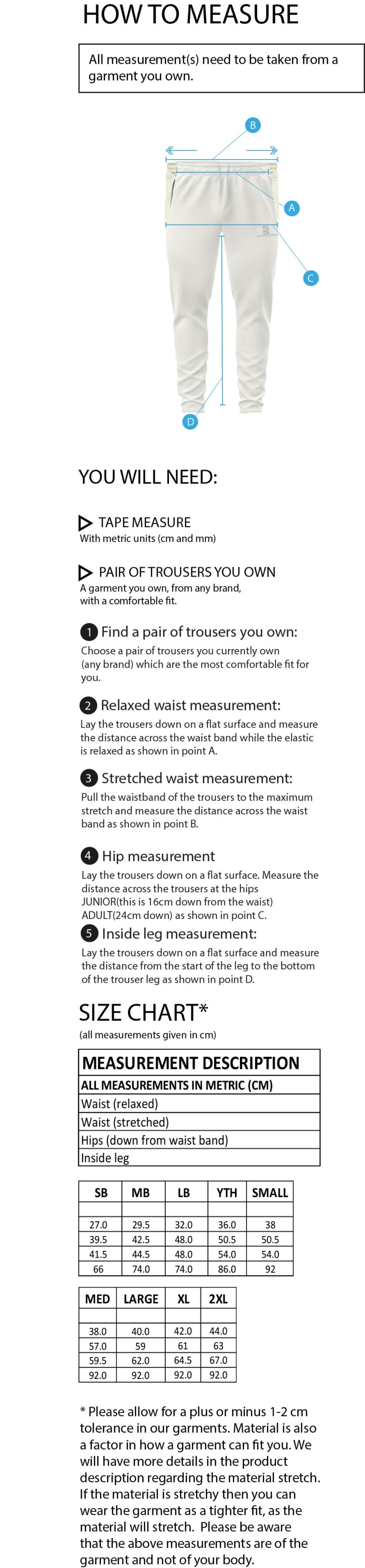 Ashbourne CC Tek Playing Pant - Size Guide