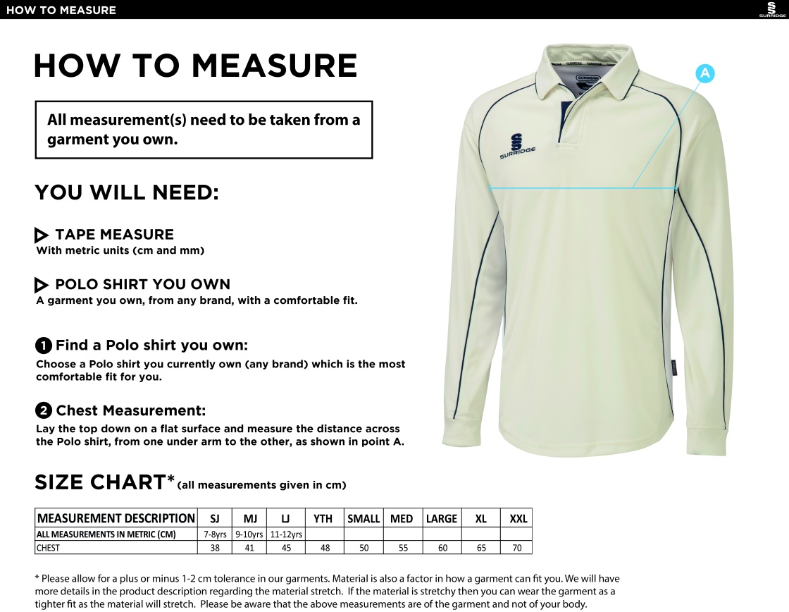 Ashbourne CC Premier Long Sleeve Green Trim Shirt - Size Guide