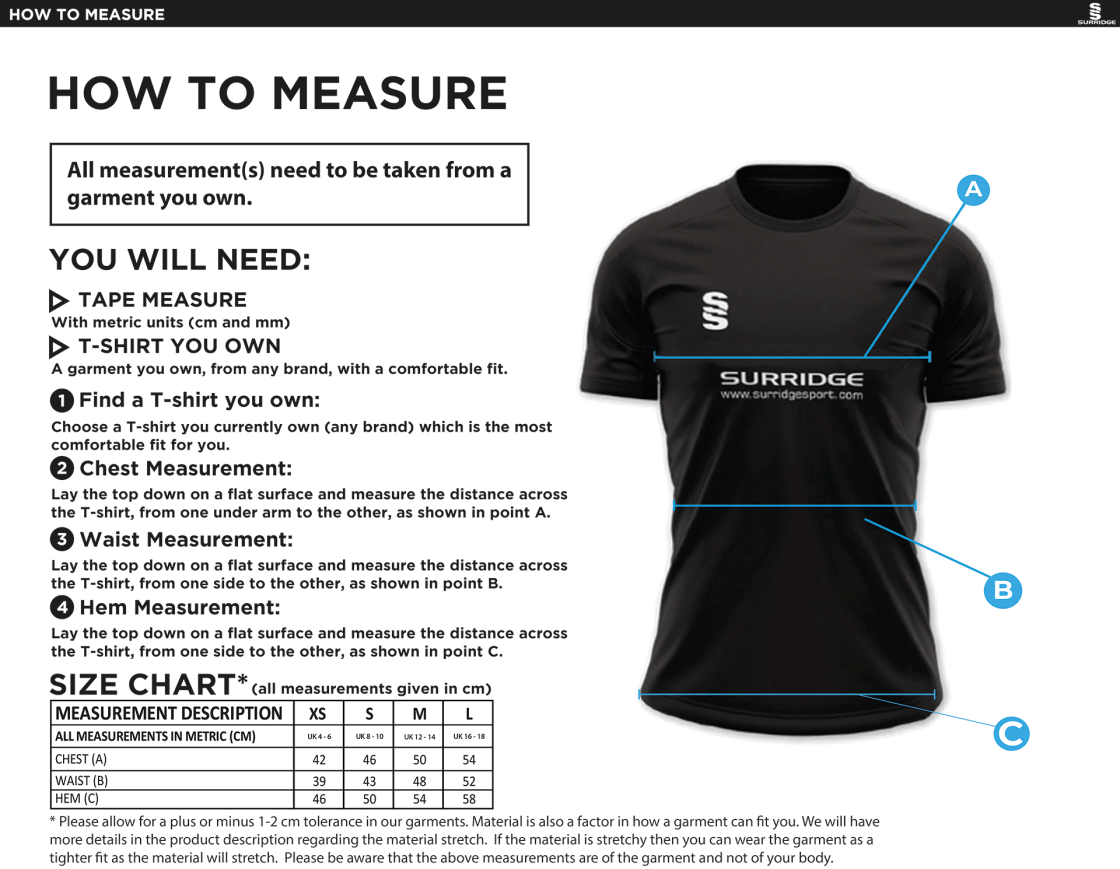 Ashbourne CC Women's Dual Games Shirt : Black - Size Guide