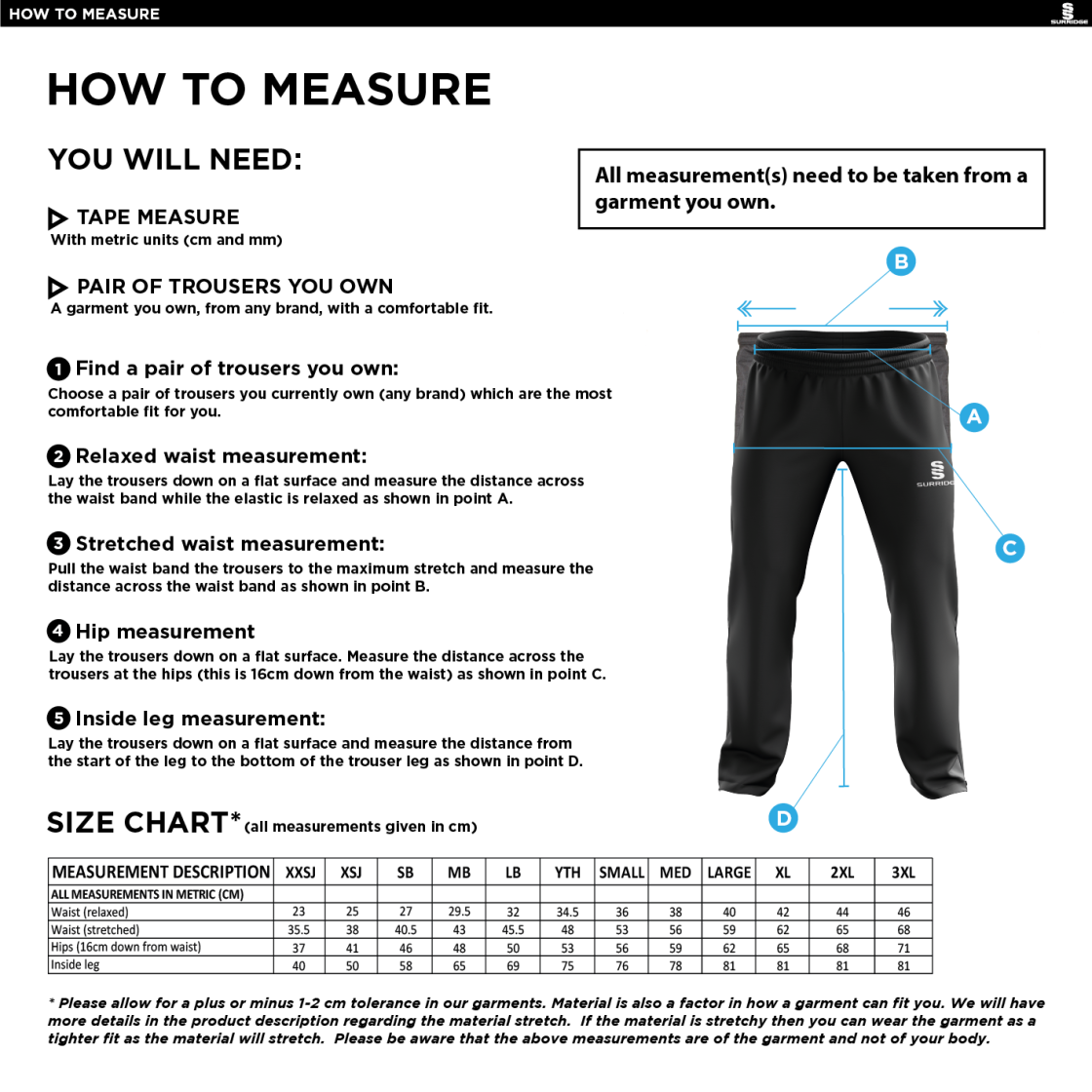 Ashbourne CC Poplin Track Pant : Black - Size Guide