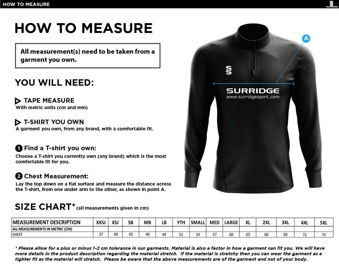 Ashbourne CC 1/4 Zip Dual Performance Top :  Black - Size Guide